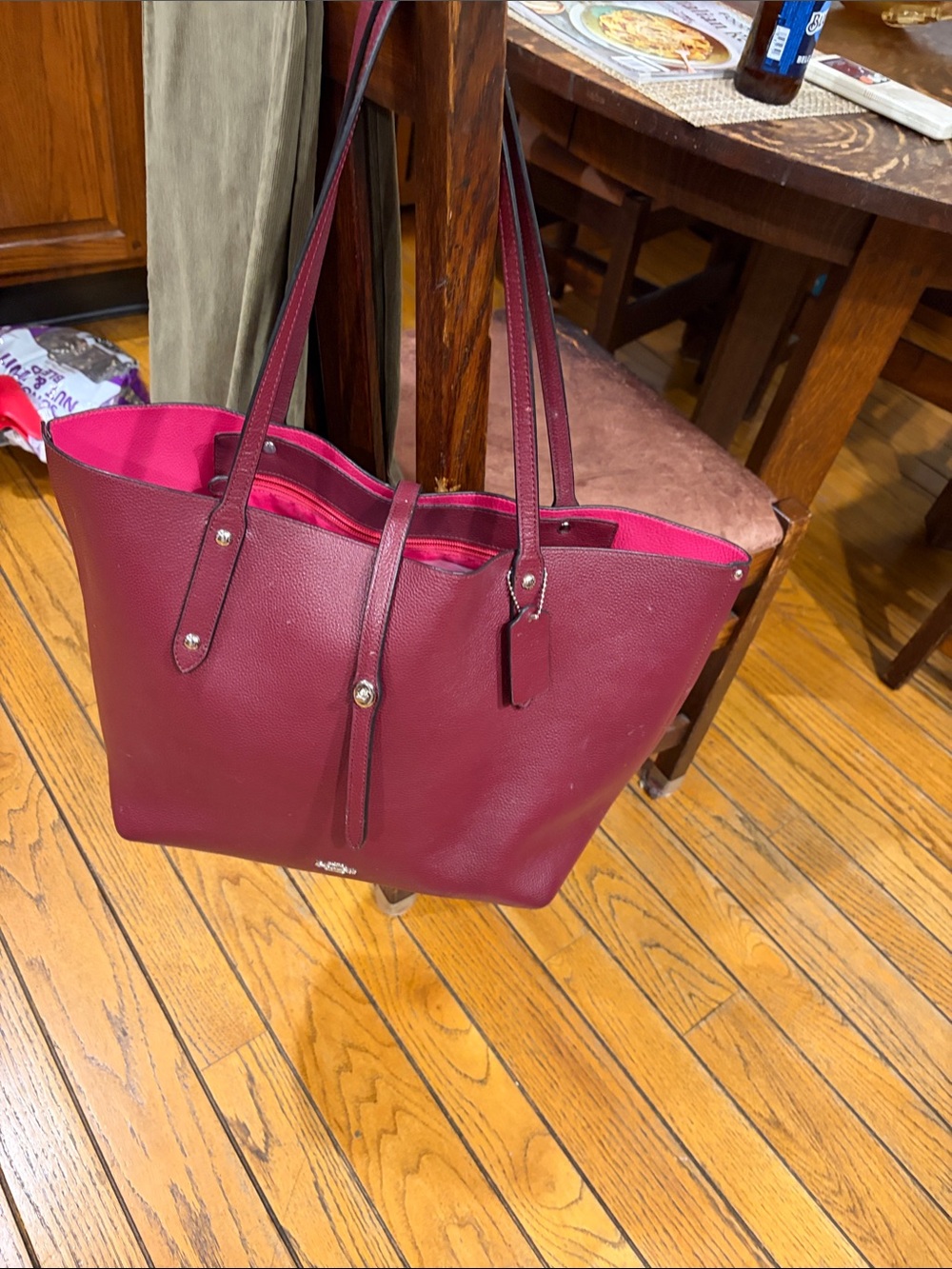 Coach Burgundy Pebbled Leather Tote with Bright Pink Lining